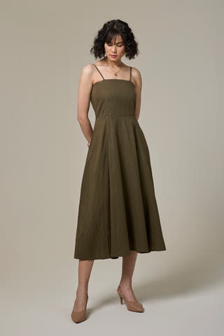 Olive Green Cotton Linen Strappy Dress