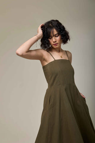 Olive Green Cotton Linen Strappy Dress