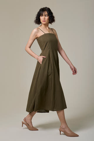 Olive Green Cotton Linen Strappy Dress