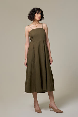 Olive Green Cotton Linen Strappy Dress