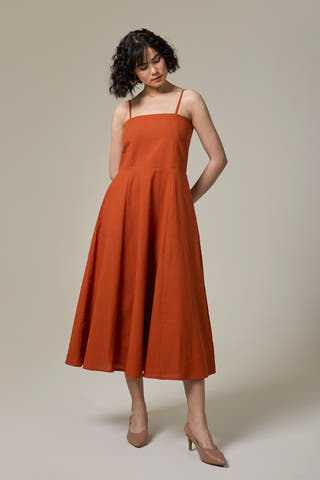 Rust Orange Cotton Linen Strappy Dress