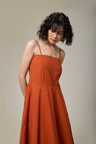 Rust Orange Cotton Linen Strappy Dress