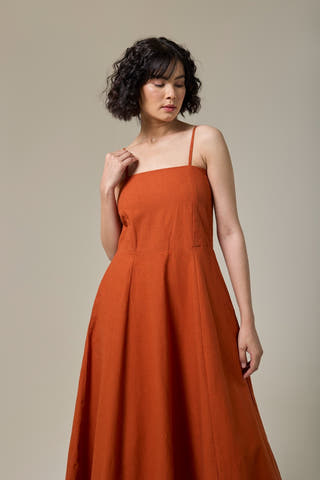 Rust Orange Cotton Linen Strappy Dress