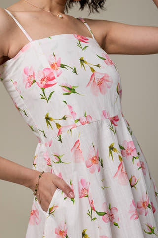 White Cherry Cotton Slub Strappy Dress