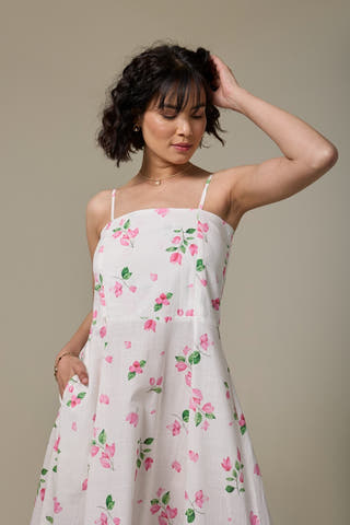 White Bougainvillea Cotton Slub Strappy Dress