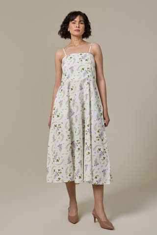 White Lavender Cotton Linen Strappy Dress