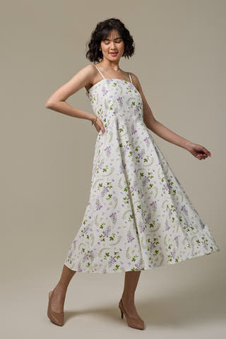 White Lavender Cotton Linen Strappy Dress