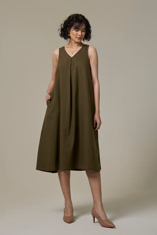 Olive Green Cotton Linen A-line Dress