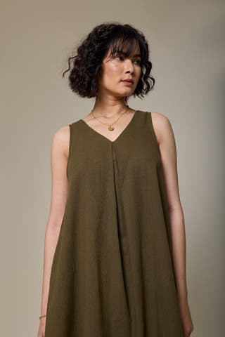 Olive Green Cotton Linen A-line Dress