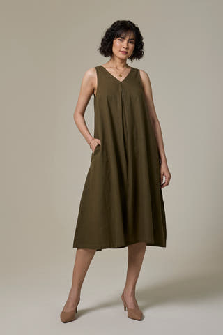 Olive Green Cotton Linen A-line Dress