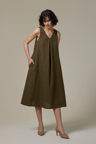 Olive Green Cotton Linen A-line Dress