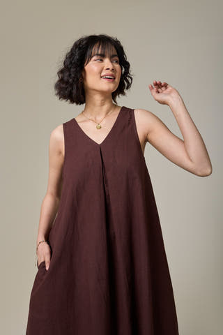 Mocha Brown Cotton Linen A-Line Dress