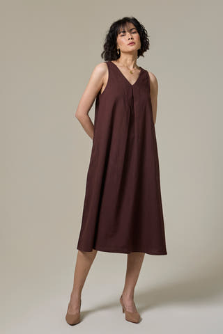 Mocha Brown Cotton Linen A-Line Dress