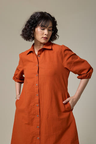 Rust Orange Cotton Linen Shirt Dress