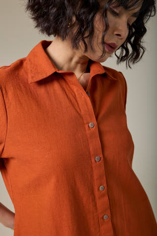 Rust Orange Cotton Linen Shirt Dress