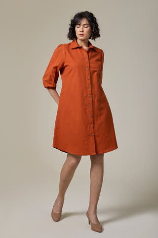 Rust Orange Cotton Linen Shirt Dress