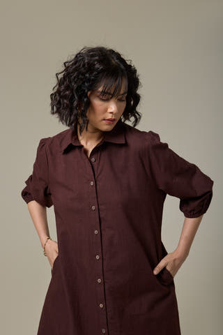 Mocha Brown Cotton Linen Shirt Dress