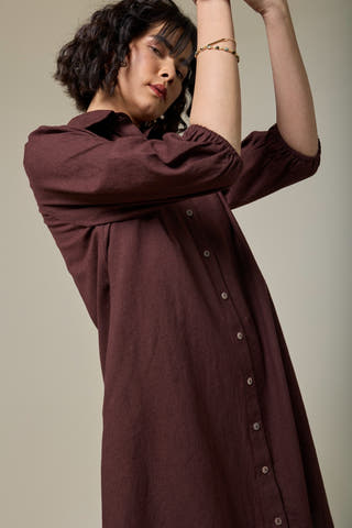 Mocha Brown Cotton Linen Shirt Dress