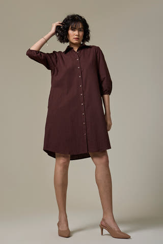 Mocha Brown Cotton Linen Shirt Dress