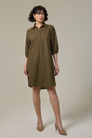 Olive Green Cotton Linen Shirt Dress