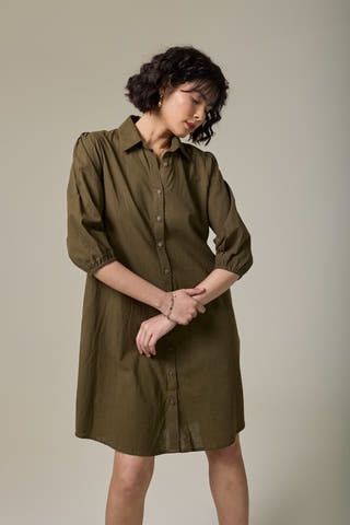 Olive Green Cotton Linen Shirt Dress