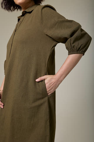 Olive Green Cotton Linen Shirt Dress