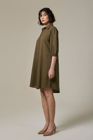 Olive Green Cotton Linen Shirt Dress