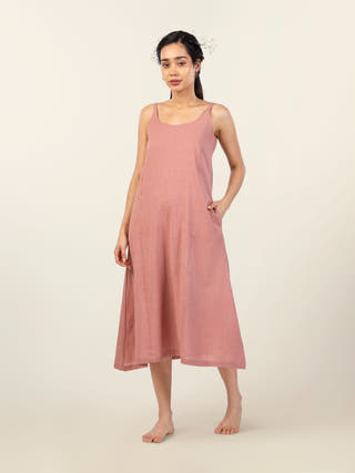 Terra Cinnamon Cotton-Linen Midi A-Line Dress