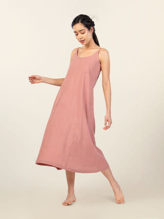Terra Cinnamon Cotton-Linen Midi A-Line Dress