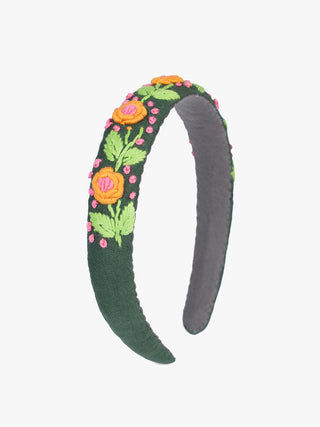 Rosebud Blossom  Hand Embroidered  Hairband  Green Sutanuti studio