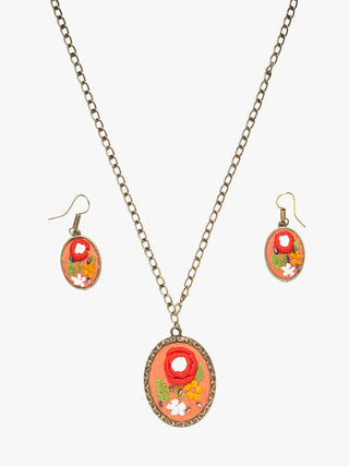 Rosebud Blossom Hand Embroidered Pendent & Earring set Orange Sutanuti studio