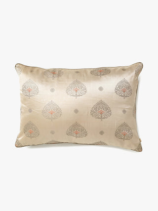 Varanasi Gopi Satin Brocade Cushion Cover Beige Aadyam Handwoven