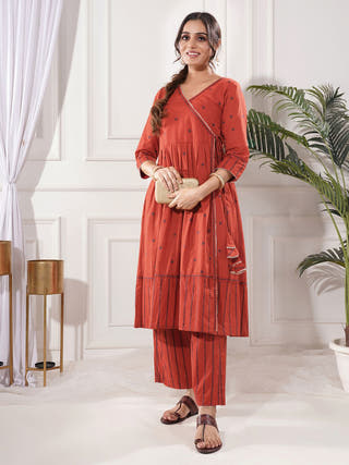 Saanjh Red Angrakha Cotton Kurta