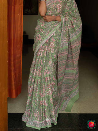 Sheela Forest Green Floral Bagru Handblock Printed Mul Cotton Saree