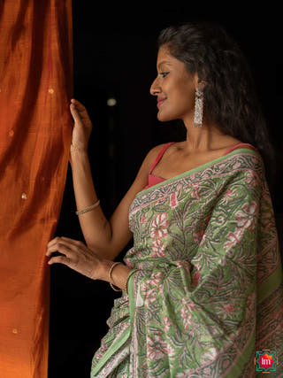 Sheela Forest Green Floral Bagru Handblock Printed Mul Cotton Saree