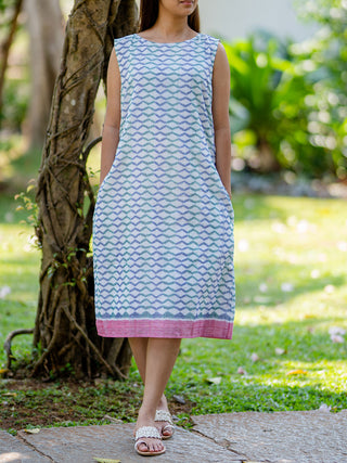 White & Blue handwoven Ikat Shift Dress Krushnachuda