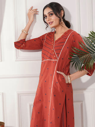 Sonea Red Gold Cotton Kurta