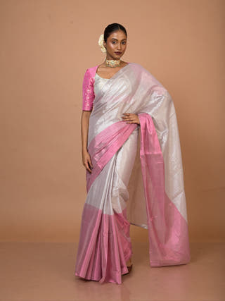 Sugandha Silver & Pink Handloom Tissue Saree