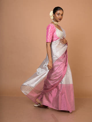 Sugandha Silver & Pink Handloom Tissue Saree