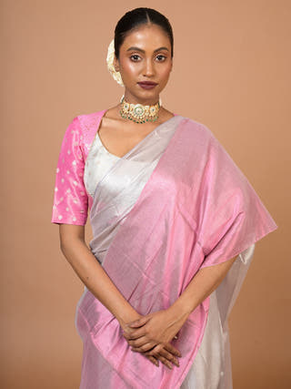 Sugandha Silver & Pink Handloom Tissue Saree