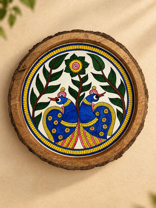 Handpainted Bark Edged Peacock Garden Tray