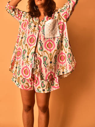 Simone Shirt-Shorts Co-ord Set Multicolour - cotton coord set for women in multicolor color