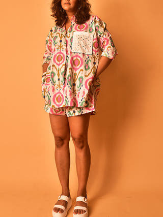 Simone Shirt-Shorts Co-ord Set Multicolour - cotton coord set for women in multicolor color