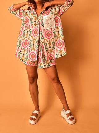 Simone Shirt-Shorts Co-ord Set Multicolour - cotton coord set for women in multicolor color