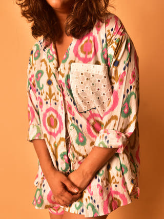 Simone Shirt-Shorts Co-ord Set Multicolour - cotton coord set for women in multicolor color