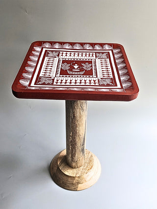 Warli Art Hand Painted Table Red Folk Stroke