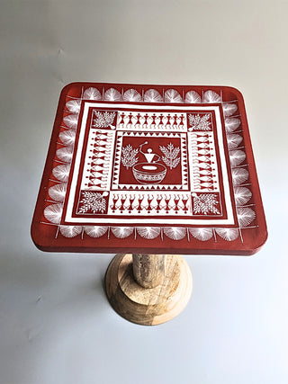 Warli Art Hand Painted Table Red Folk Stroke