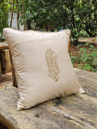Gold Fern on Cream Hand Embroidered Cushion Cover