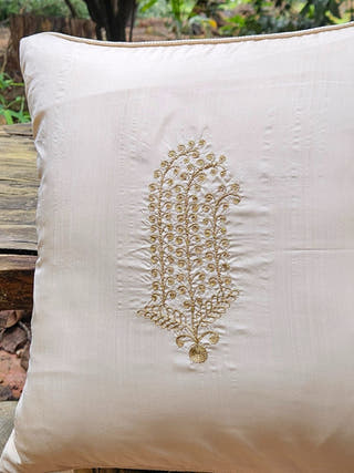 Gold Fern on Cream Hand Embroidered Cushion Cover