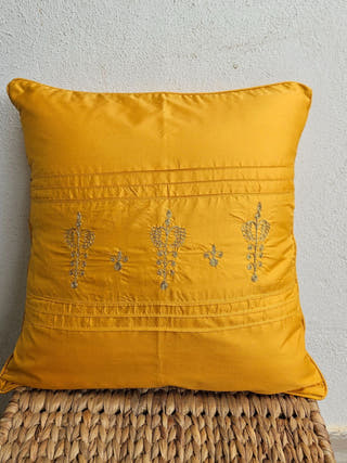 Gold Motif on Yellow Hand Embroidered Cushion Cover